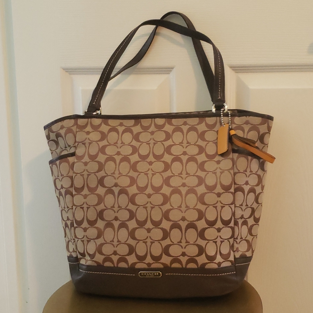 Coach Signature Tote with Brown Leather
